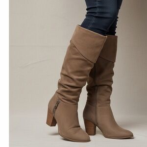 Women’s Brown Slouch Mid Calf Block Heel‎ Boots Side Zip Faux Suede